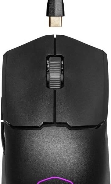 Cooler Master MM712 RGB herní myš – Ultralight 59 g, hybridní Wireless, 19K DPI PAW3370 optický senzor, 70 milionů kliknutí optický spínač, On-The-Fly, MasterPlus+ (38K DPI, pouze PC) – černá