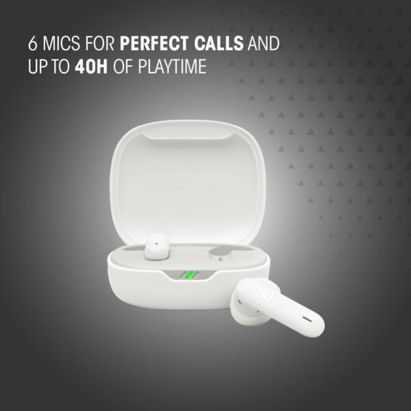 JBL Wave Flex 2, bezdrátová Bluetooth sluchátka do uší s dobou přehrávání 40 h, JBL Pure Bass Sound, technologie Smart-Ambient, IP54 chráněná proti vodě a prachu, multipointové spojení, bílá