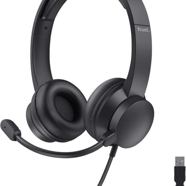 Trust Roha II USB headset s mikrofonem On-Ear lehký design, nastavitelná čelenka, sluchátka s kabelem 1,80 m, sluchátka pro PC Mac Office Chat Skype Teams videokonference Zoom – černá