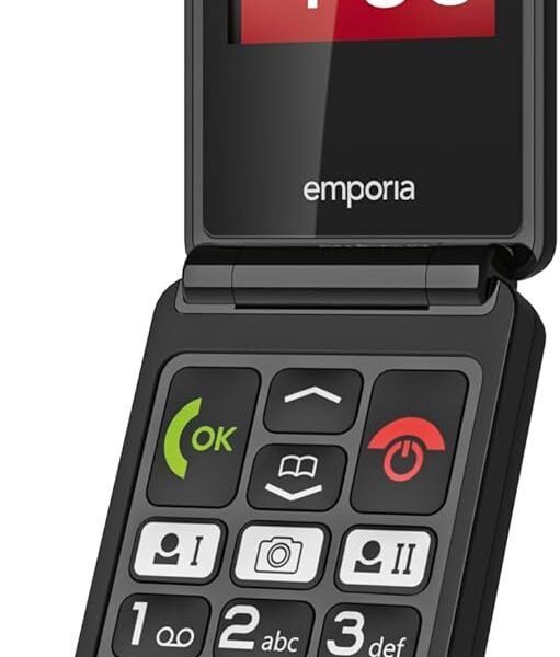 Emporia TALKglam telefon pro seniory, bez smlouvy, skládací mobilní telefon, jednoduché ovládání, mobilní telefon s nouzovým tlačítkem, displej 2,4″, černý