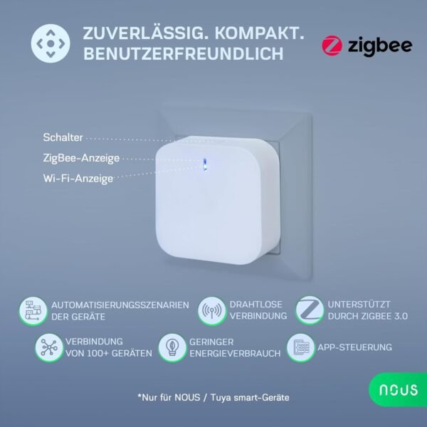 NOUS E1 ZigBee Gateway, ZigBee Hub/Bluetooth Hub, ZigBee Bridge, ZigBee Smart Home, ZigBee Gateway Alexa, Gateway ZigBee Smart Home, ZigBee 3.0, Bluetooth, Smart Life/Tuya App