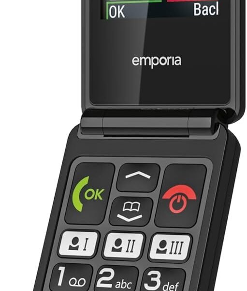 Emporia TALKglam telefon pro seniory, bez smlouvy, skládací mobilní telefon, jednoduché ovládání, mobilní telefon s nouzovým tlačítkem, displej 2,4″, černý