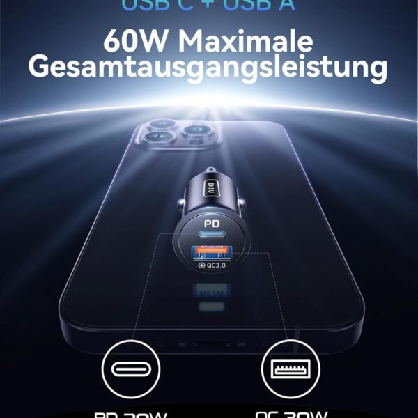 INIU Zapalovač na doutníky, 12 V USB C adaptér 60 W Auto PD & QC 3.0 Nabíječka do auta, adaptér do zapalovače USB, rozdělovač zásuvka s iPhone 16 15 14 13 Pro Max iPad Samsung S24 S23