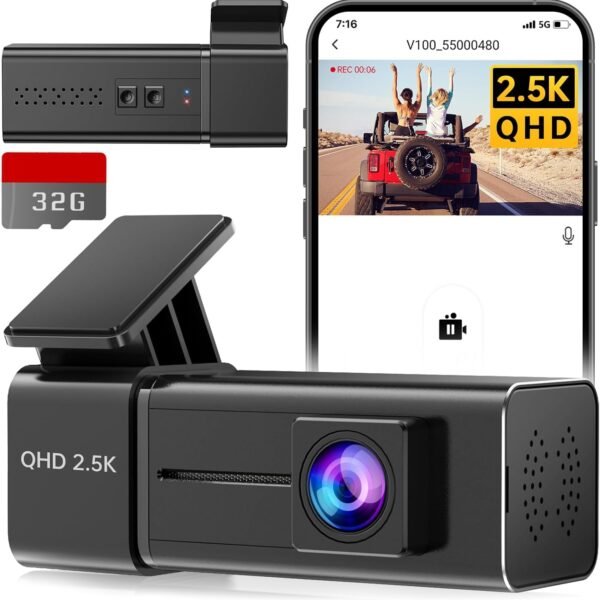 Veement Autokamera přední 2,5K s WiFi 1440P autokamerou, palubní kamera s 32 GB SD kartou, auto kamera s monitorováním parkování, super noční vidění, G-senzor, nahrávání do smyčky, ovládání přes