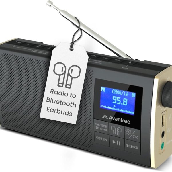 Avantree Soundbyte T – přenosné FM rádio s Bluetooth reproduktorem, Bluetooth audio pro bezdrátová sluchátka SD čtečka karet, dobíjecí a vyměnitelná baterie 8 hodin, FM paměť kanálů