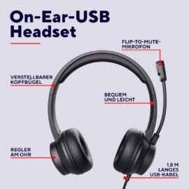 Trust Roha II USB headset s mikrofonem On-Ear lehký design, nastavitelná čelenka, sluchátka s kabelem 1,80 m, sluchátka pro PC Mac Office Chat Skype Teams videokonference Zoom – černá