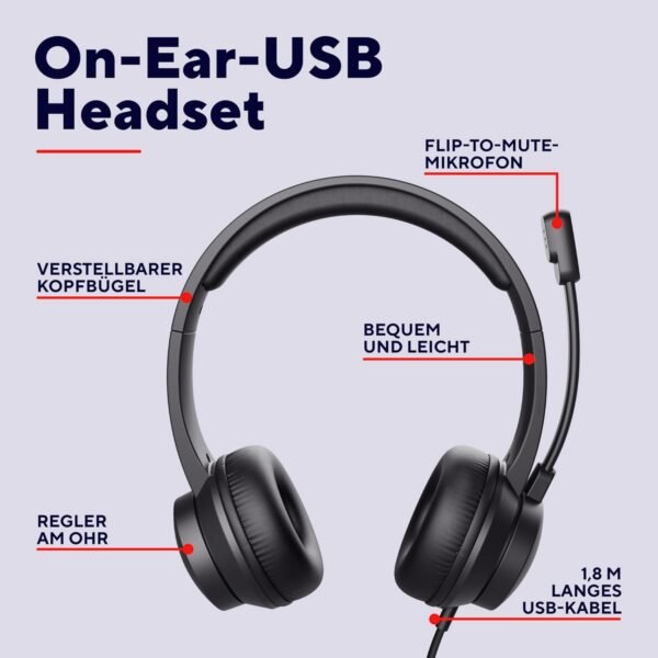 Trust Roha II USB headset s mikrofonem On-Ear lehký design, nastavitelná čelenka, sluchátka s kabelem 1,80 m, sluchátka pro PC Mac Office Chat Skype Teams videokonference Zoom – černá