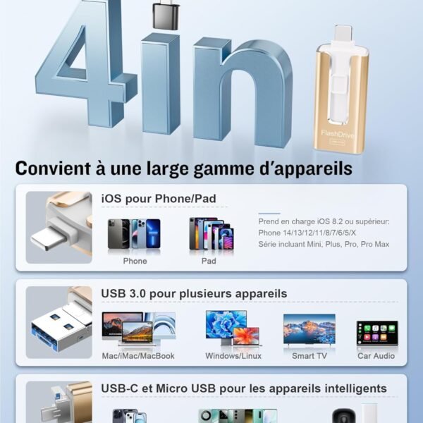 USB-Stick, 256 GB, USB 3.0, Hochgeschwindigkeitsübertragung, 4 in 1, USB-Stick für iOS, Android, Pad, Typ C und PC, USB-Stick C, Speicherung von Fotos, Videos, Dateien (Gold)