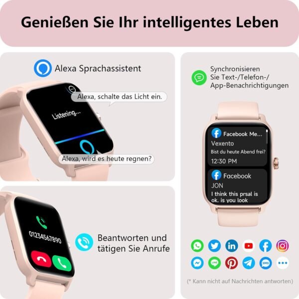 Chytré hodinky dámské s funkcí telefonu, Alexa integrované 1,8″, fitness hodinky dámské s srdeční frekvencí SpO2, monitor stresu, krokoměr, hodinky, 100 sportovních režimů, IP68, vodotěsné sportovní