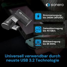 Sonero USB-C konektor do úhlu 90° USB-C zdířka (1er), adaptér, USB-C adaptér, 40 Gbps, 240 W, 8K60 Hz, hliníkový kryt, černý, X-UA133