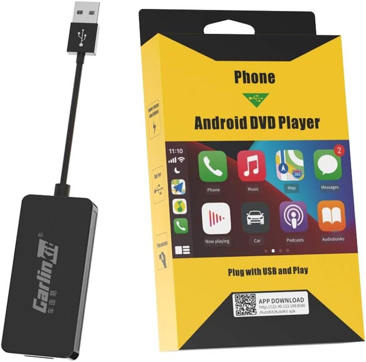 Adaptér Carlinkit pre CarPlay a Android Auto s káblovým pripojením pre autorádiá s Androidom; súprava Autokit APK sa musí nainštalovať do autorádia; podporuje funkciu MirrorScreen a online aktualizácie; čierna farba