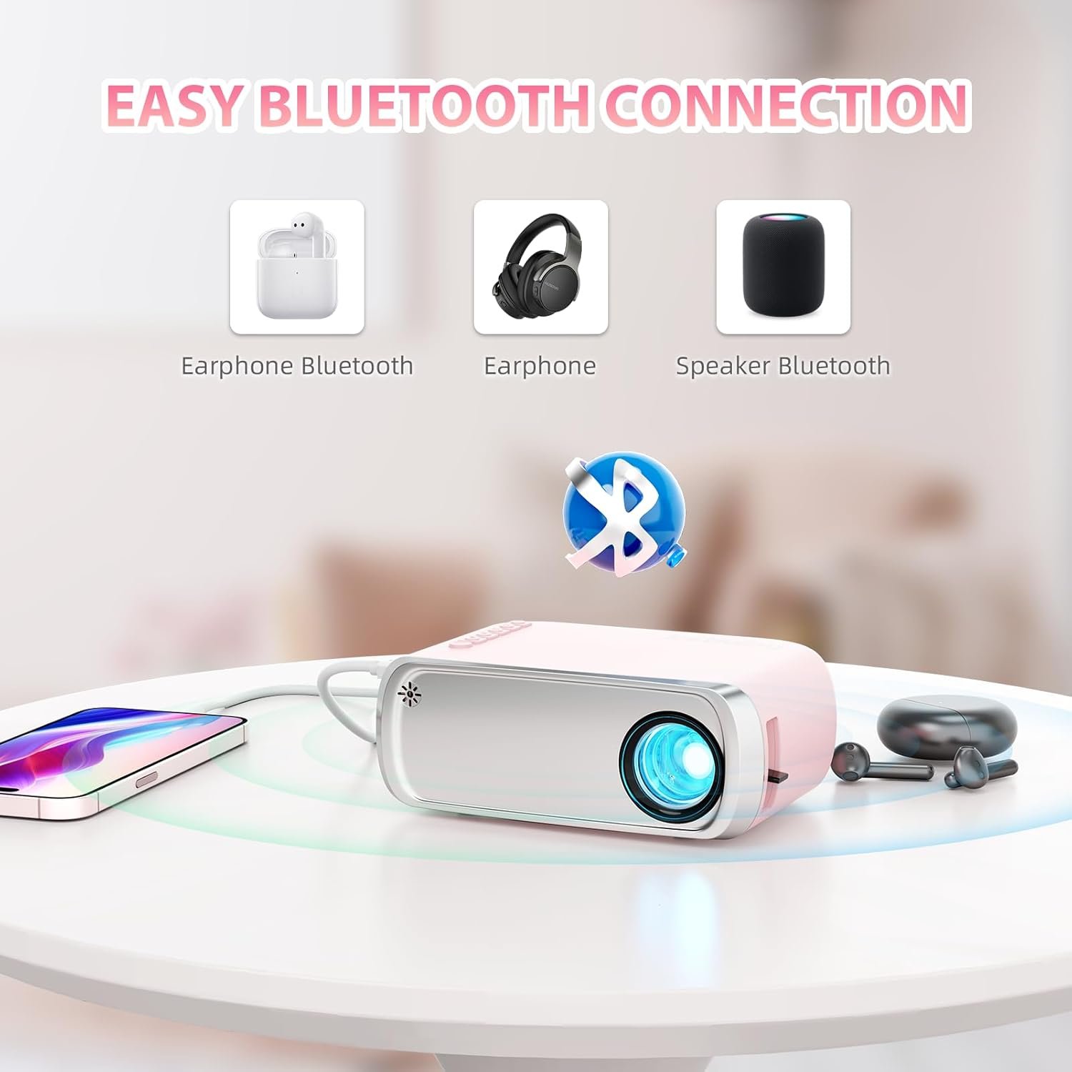 Prenosný projektor, ksbaby Outdoor projektor, estetický LED mini projektor na premietanie filmov vonku, kompatibilný s HDMI, USB, notebookom, TV Stickom, telefónmi s iOS a Androidom