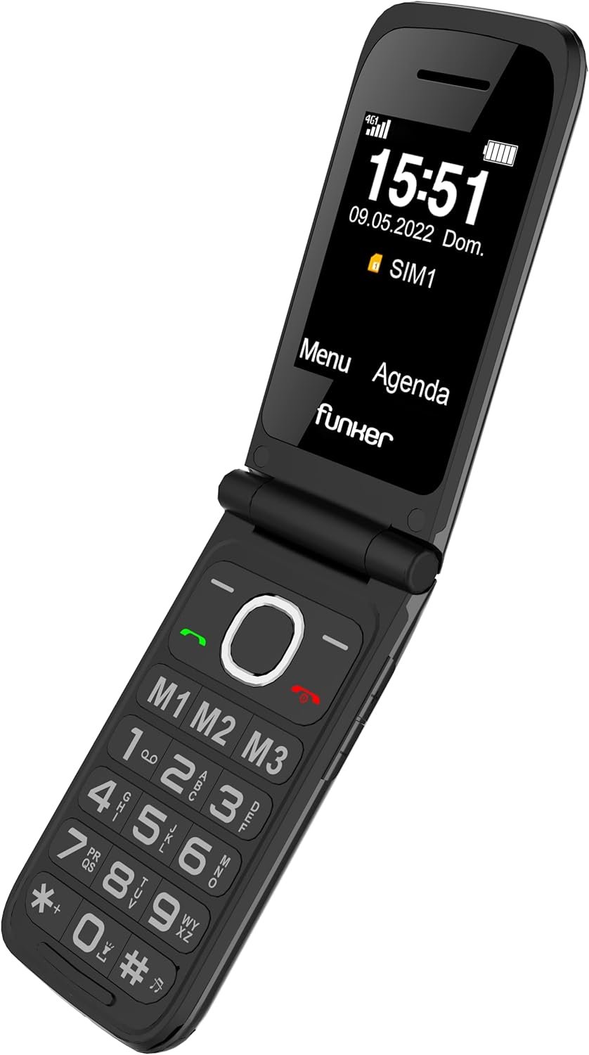 6132dtrCmpL._AC_SL1500_.jpg Mobilný telefón Funker C150 Comfort 4G s podporou 4G a VoLTE, s odklápacím krytom, určený pre seniorov, veľké tlačidlá, jednoduché ovládanie, tlačidlo SOS, USB-C, 3 priame pamäťové miesta, 2000 kontaktov, nabíjací stojan, čierna farba