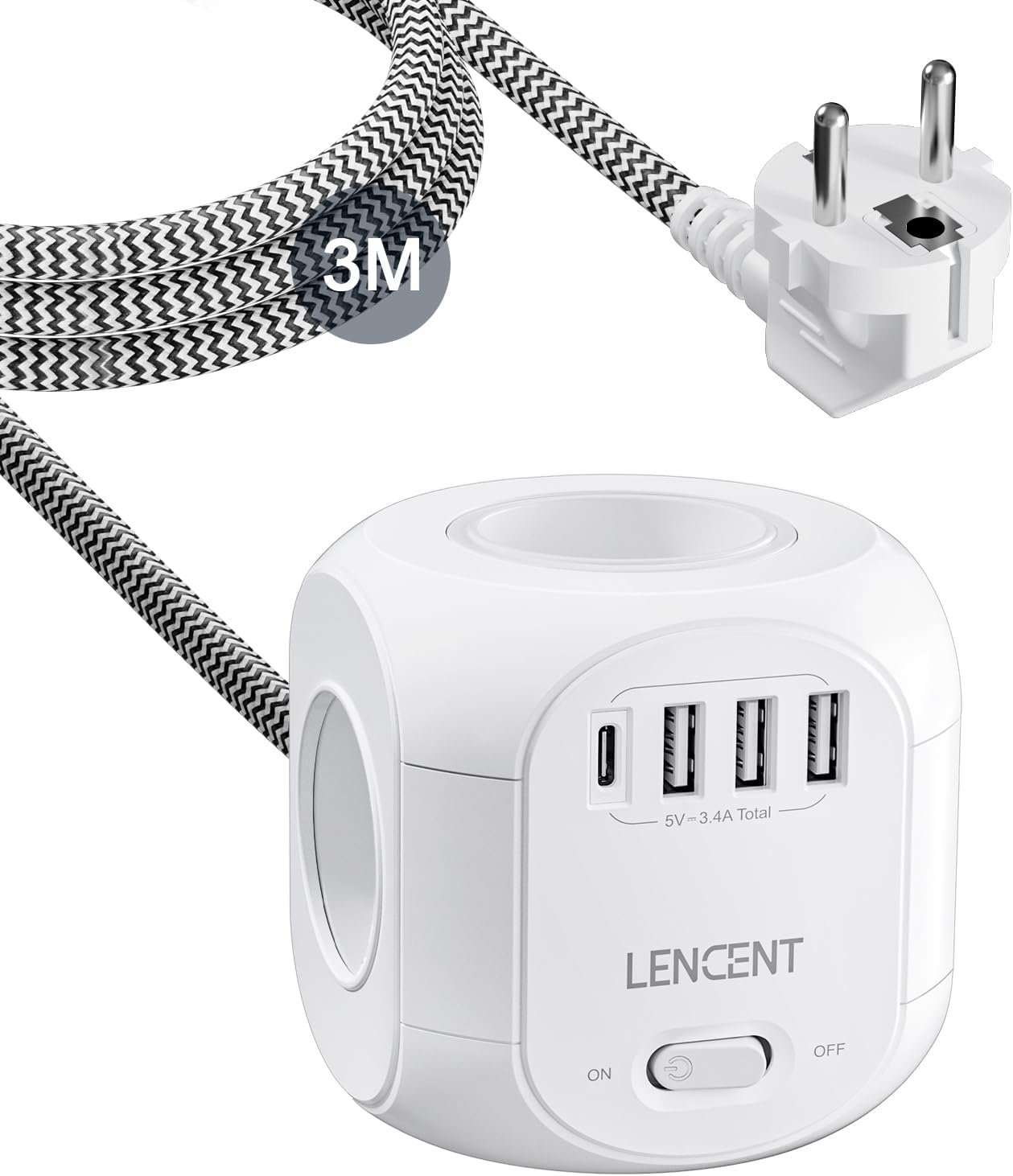 61IooxzvGCL._AC_SL1500_.jpg LENCENT Predlžovací kábel s 3 m dĺžkou, 4 zásuvkami na striedavý prúd, 3 portmi USB a 1 portom typu C, prepäťovou ochranou a vypínačom pre domácnosť, kuchyňu a kanceláriu