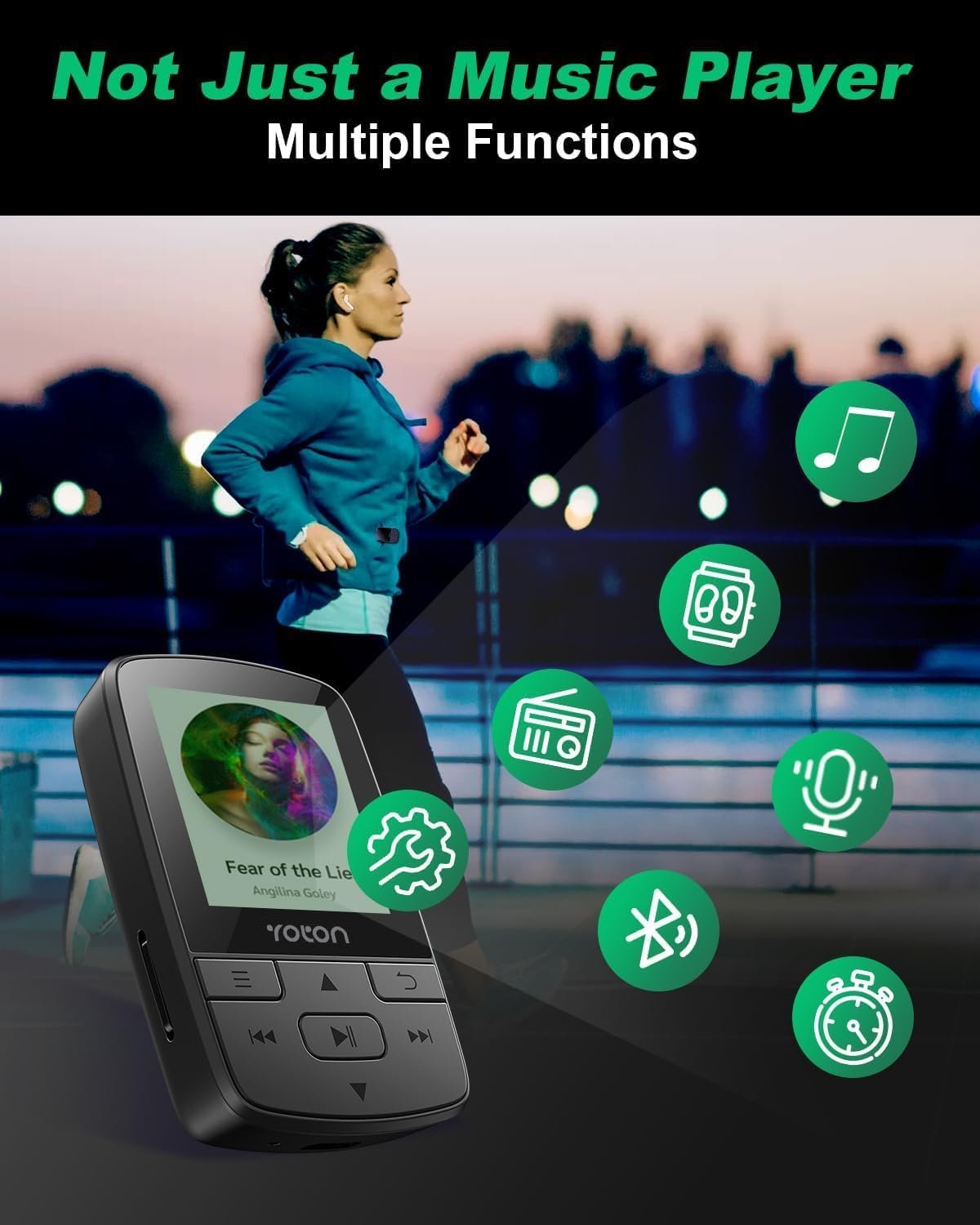 MP3 prehrávač YOTON s Bluetooth 5.2, pamäťou 64 GB, FM rádiom, funkciou nahrávania hlasu, samostatným ovládačom hlasitosti, vrátane slúchadiel, s možnosťou rozšírenia pomocou SD karty až na 128 GB