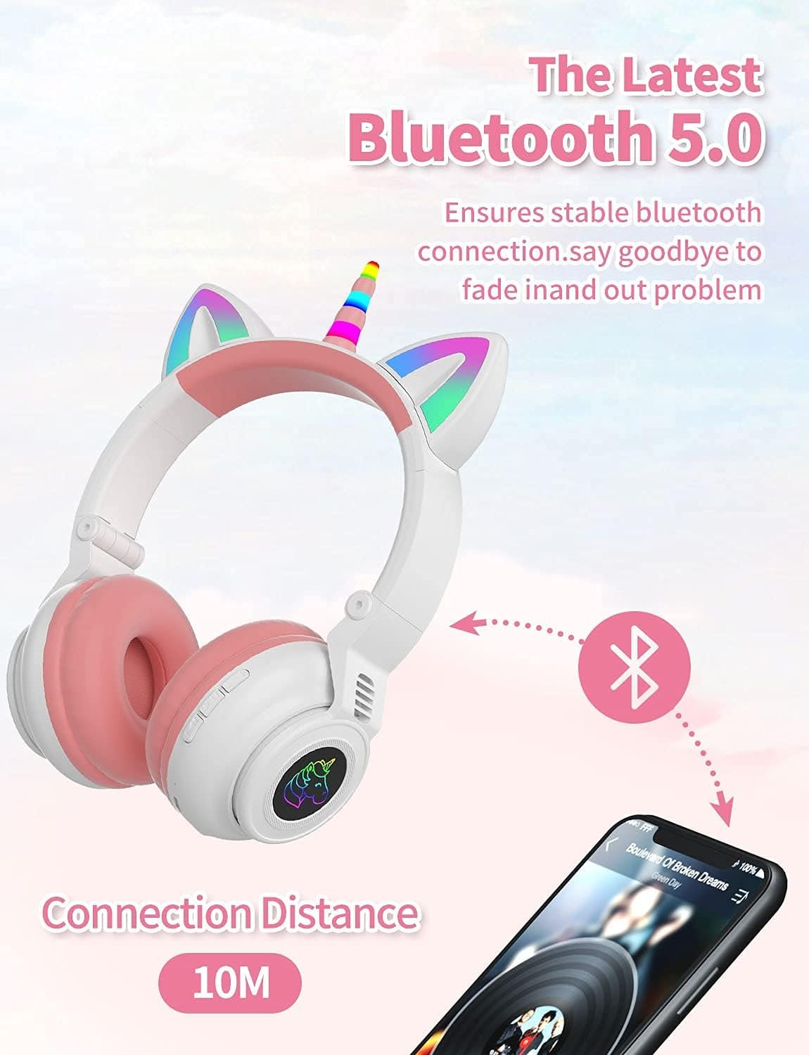 61S-YeeJUL._AC_SL1500_.jpg hisonic Slúchadlá s motívom jednorožca a Bluetooth, detské náhlavné slúchadlá od 3 rokov, s farebnými svetielkami, skladacie, nastaviteľné, bezdrôtové aj s káblom, s integrovaným mikrofónom pre dievčatá. (biela)