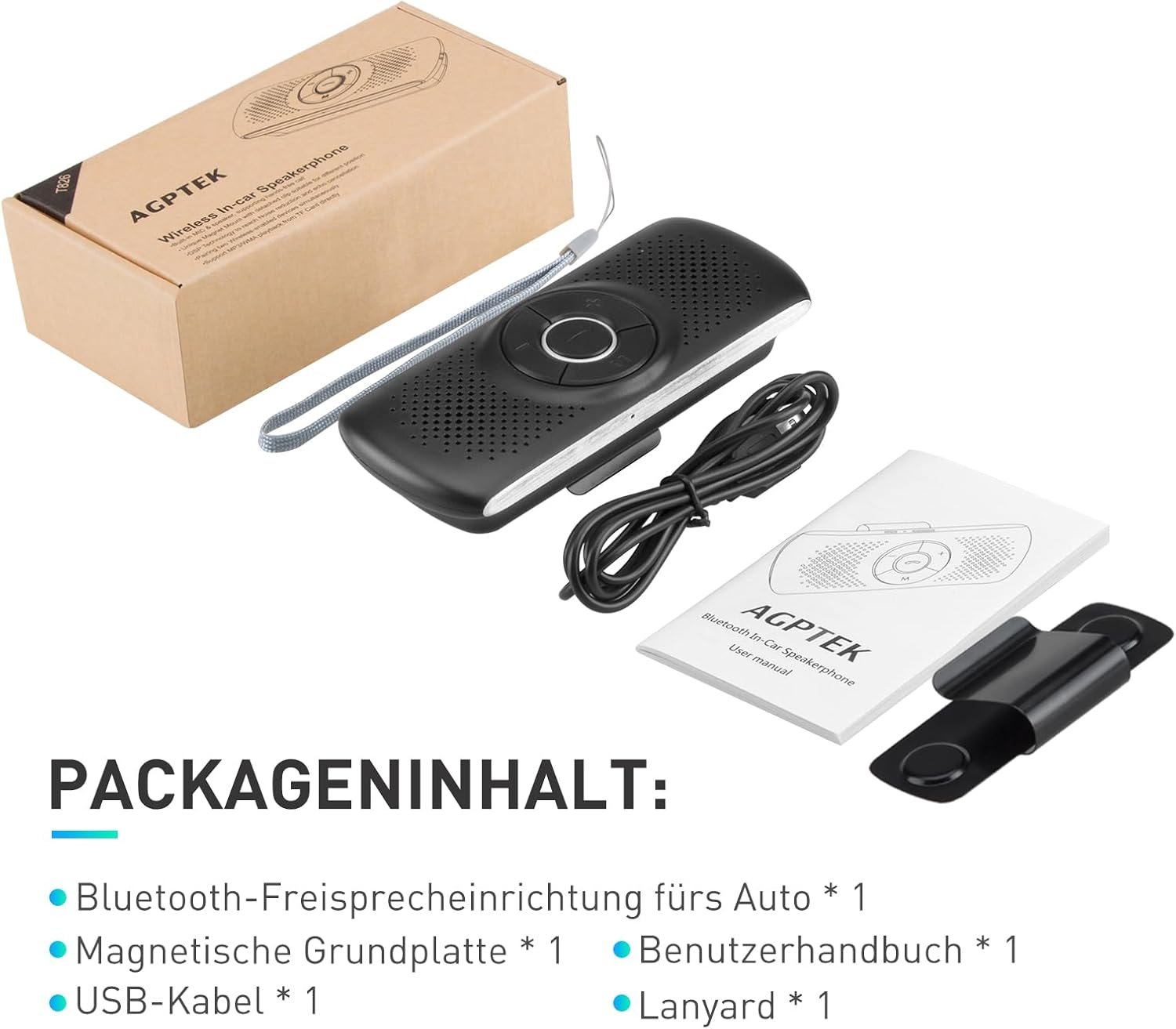 61SAB-sk8lL._AC_SL1500_.jpg Handsfree do auta AGPTEK, Bluetooth 5.0, integrovaný mikrofón, s klipom na GPS, prehrávanie hudby, slot na TF kartu, automatické opätovné pripojenie, reproduktor, Auto, iOS Siri a Google Assistant