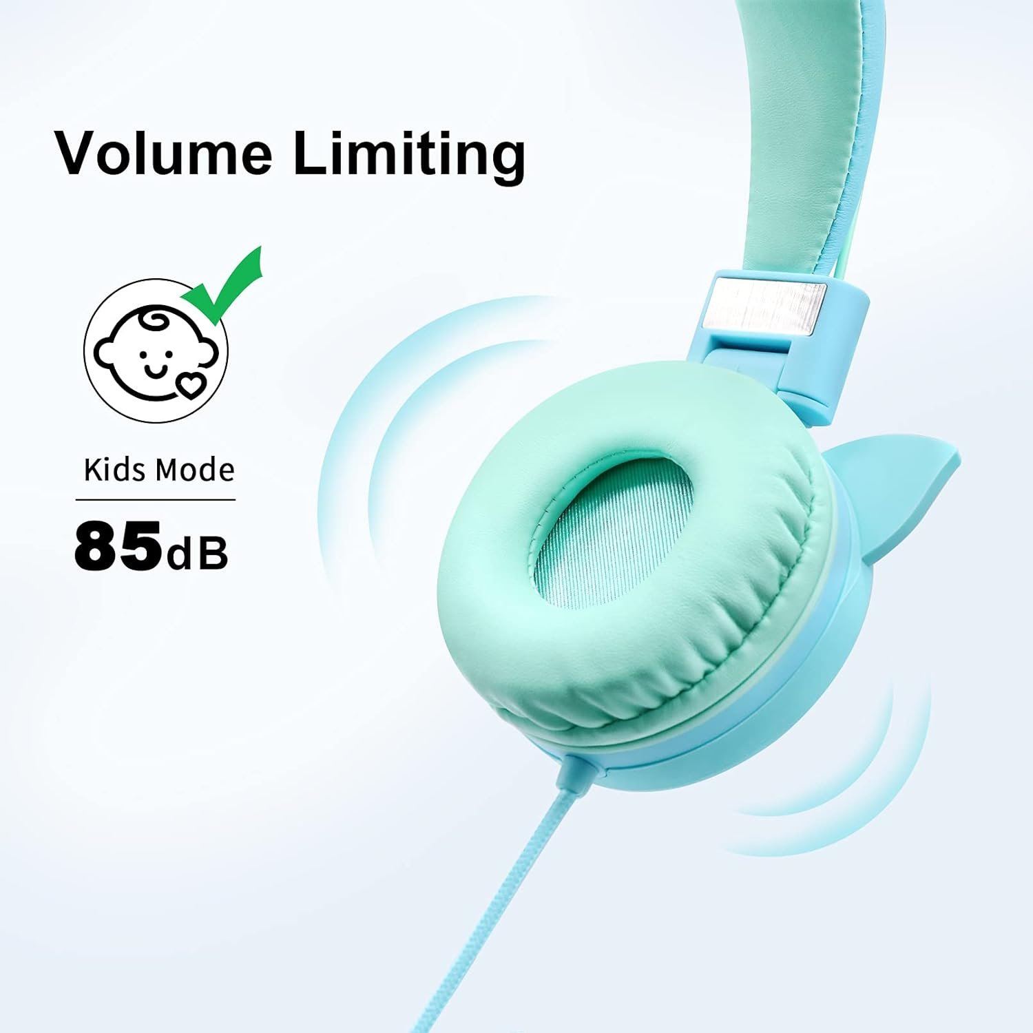61Wa4jepkS._AC_SL1500_.jpg Puersit Detské slúchadlá, s káblom, tyrkysové, obmedzenie hlasitosti na 85 dB, skladacie, cez uši, na online výučbu, kompatibilné s mobilnými telefónmi a počítačmi