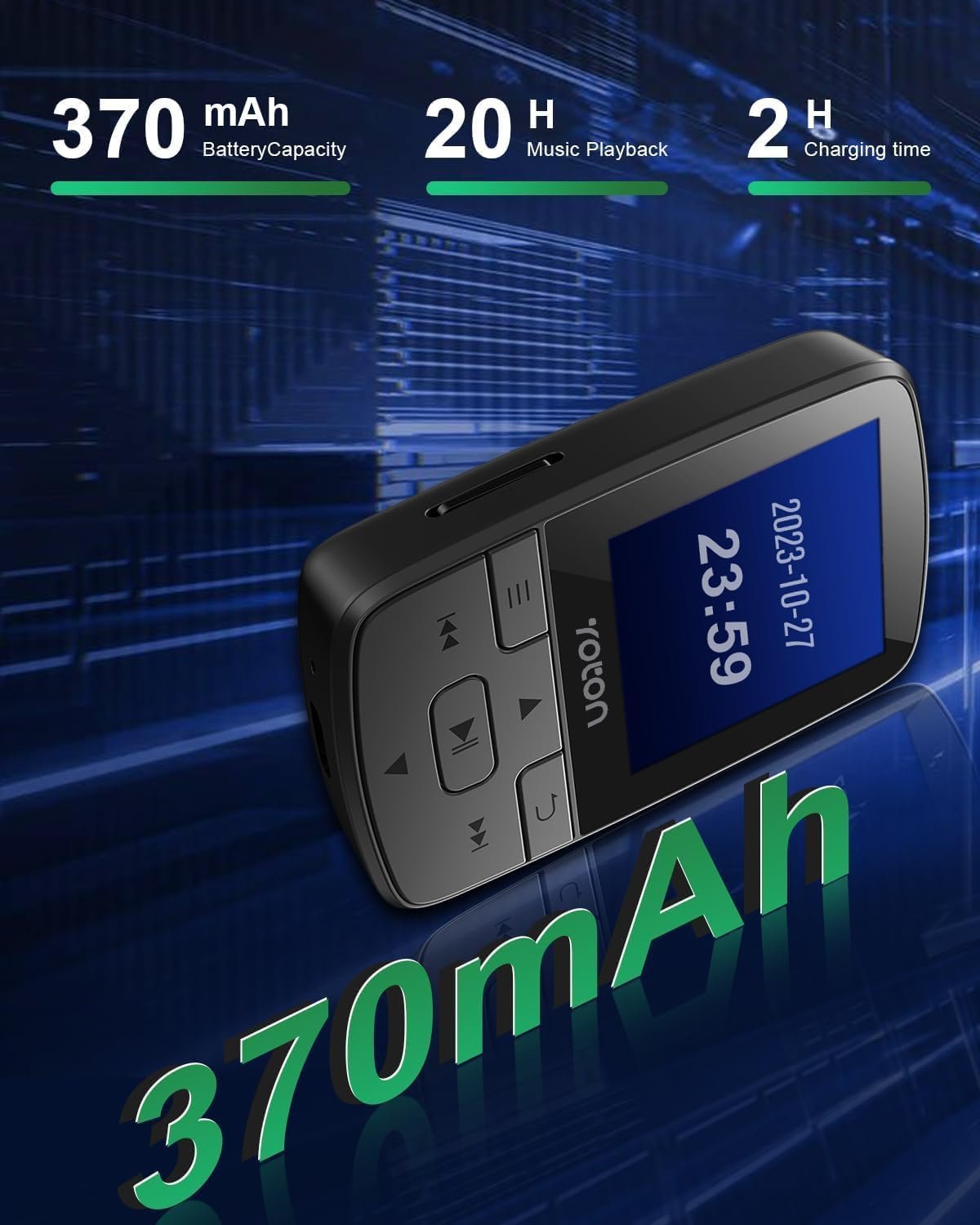 MP3 prehrávač YOTON s Bluetooth 5.2, pamäťou 64 GB, FM rádiom, funkciou nahrávania hlasu, samostatným ovládačom hlasitosti, vrátane slúchadiel, s možnosťou rozšírenia pomocou SD karty až na 128 GB