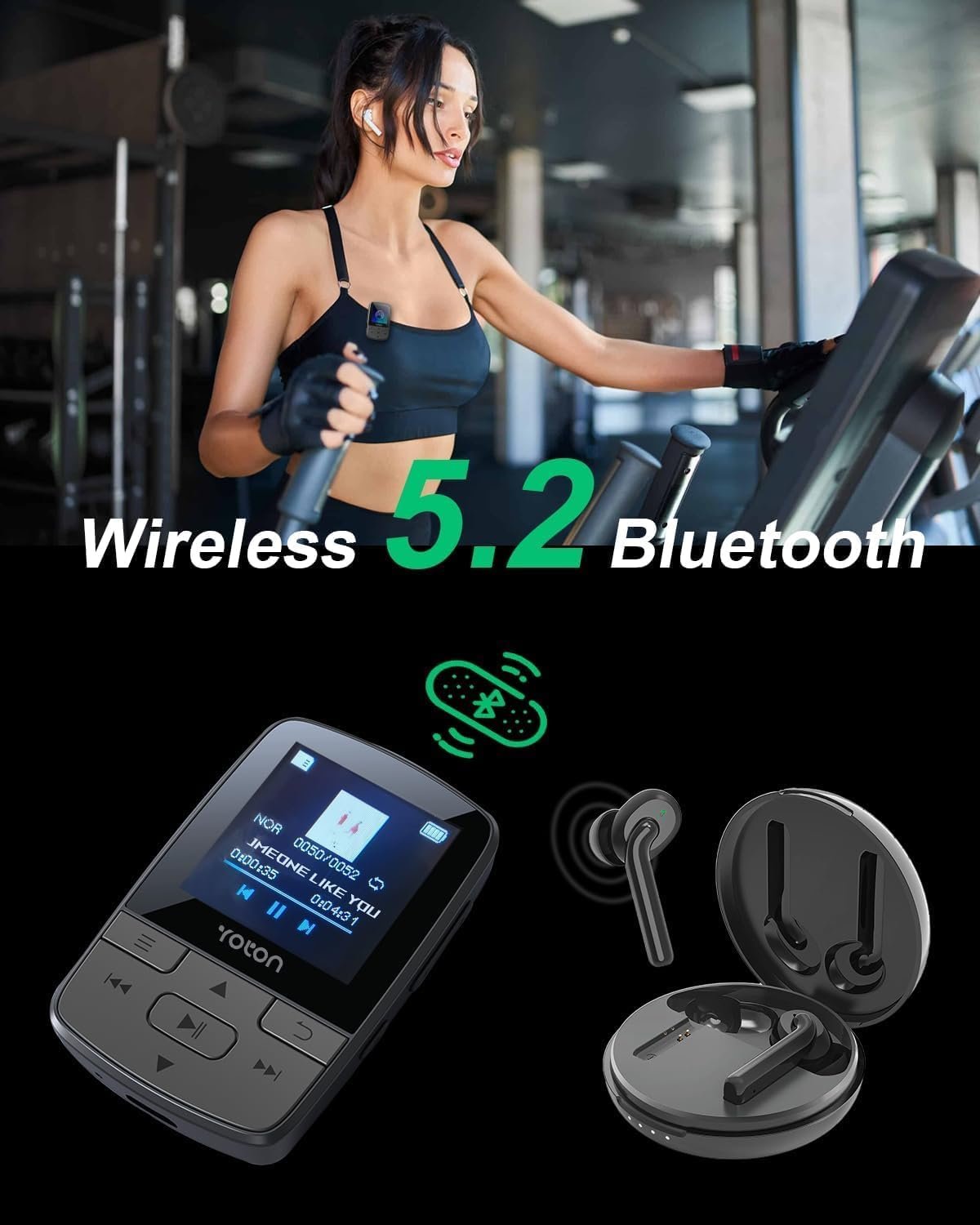 MP3 prehrávač YOTON s Bluetooth 5.2, pamäťou 64 GB, FM rádiom, funkciou nahrávania hlasu, samostatným ovládačom hlasitosti, vrátane slúchadiel, s možnosťou rozšírenia pomocou SD karty až na 128 GB