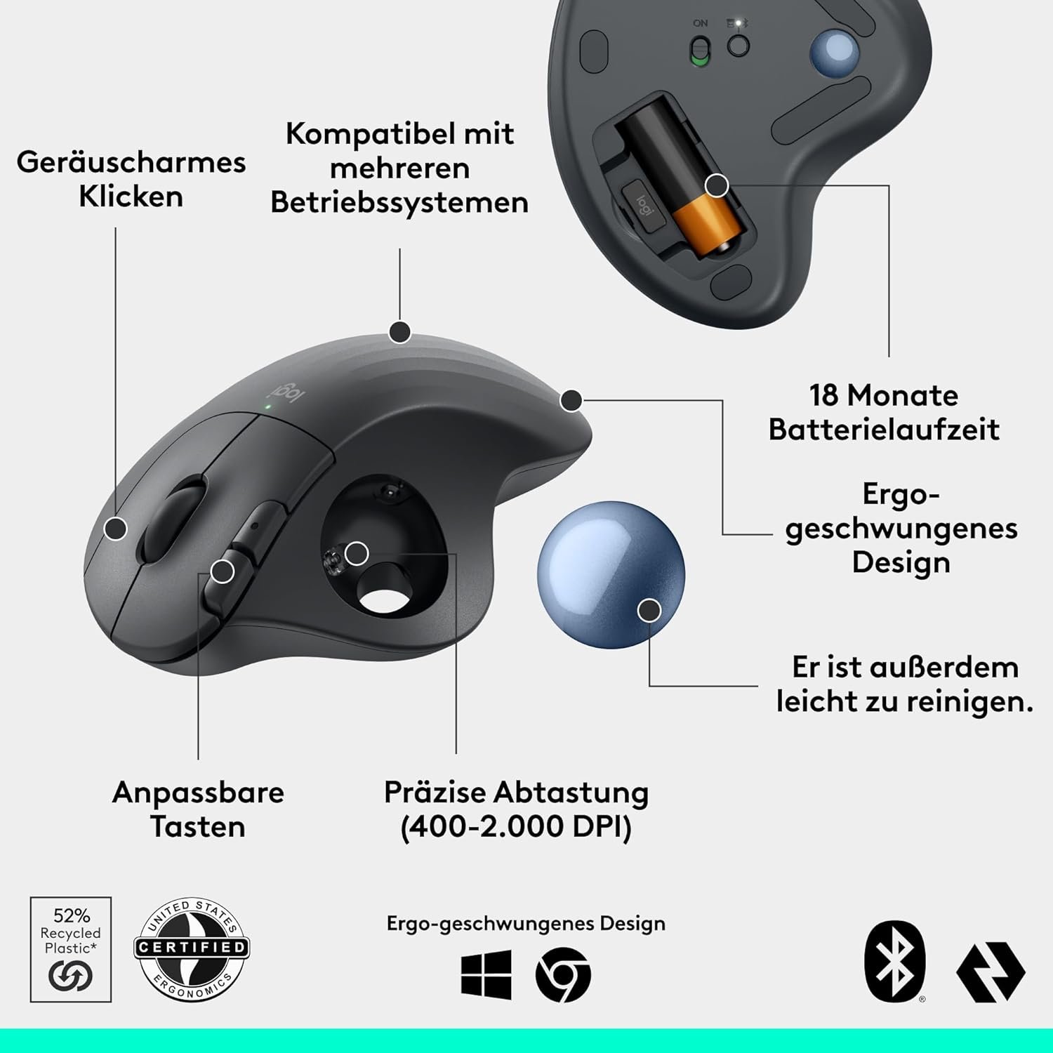 713QyhzryL._AC_SL1500_.jpg Bezdrôtová trackballová myš Logitech ERGO M575S, bezdrôtová ergonomická myš s Bluetooth a šifrovaným donglom, pohodlné ovládanie palcom, pre PC/Mac – grafitová