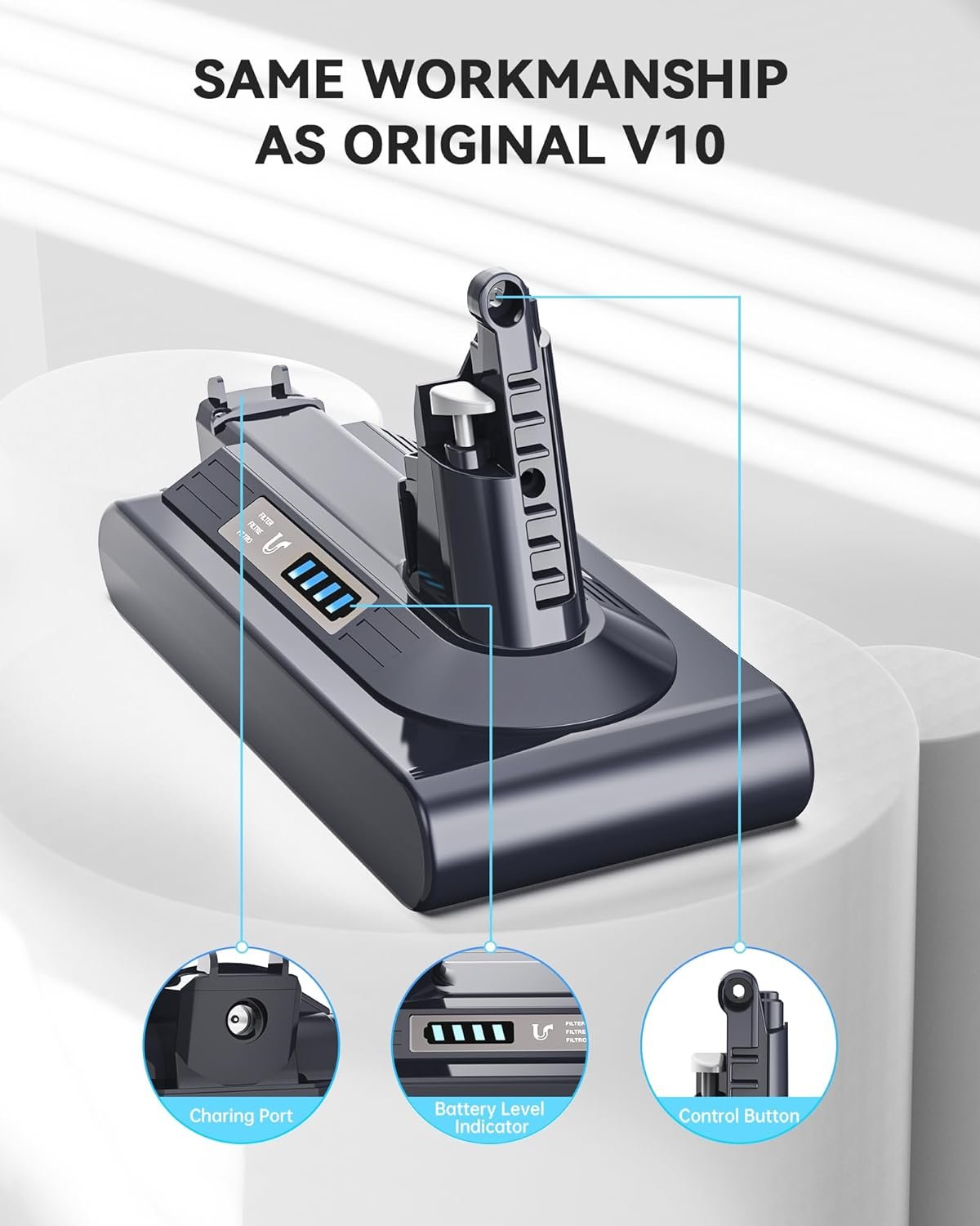 71Awi81dzbL._AC_SL1500_.jpg Akumulátor s kapacitou 6500 mAh pre Dyson V10 SV12, náhradný akumulátor Morpilot pre bezdrôtové vysávače V10 Absolute, Animal, Motorhead, Fluffy a Extra Cyclone, náhrada za Dyson 969352-02