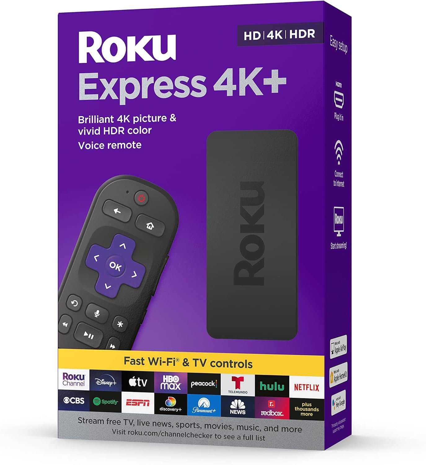 71EZAE6fljL._AC_SL1500_.jpg Roku Express 4K+ | Streamovacie zariadenie Roku 4K/HDR, diaľkový ovládač Roku Voice Remote, bezplatná a živá televízia