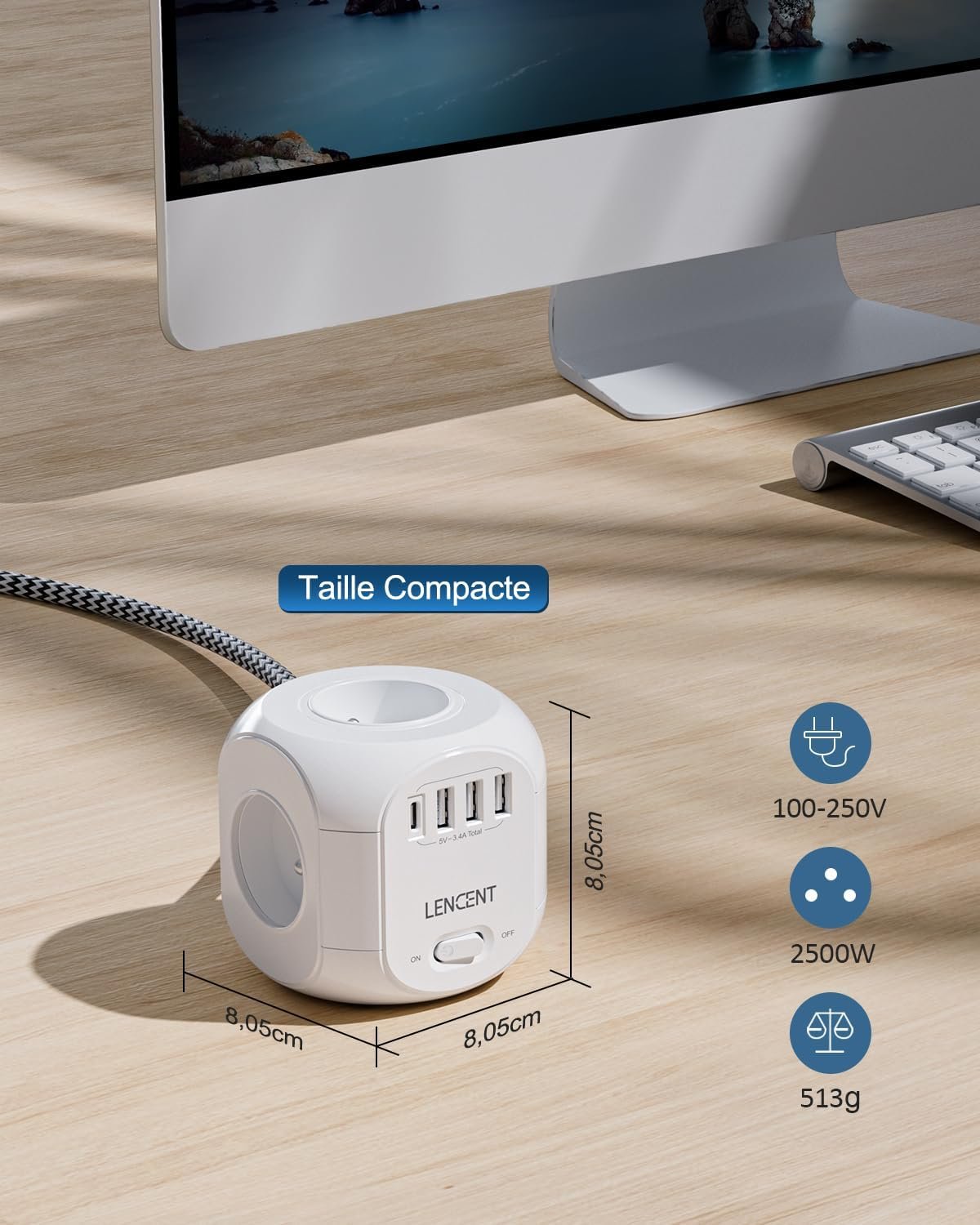 71GjmG0krL._AC_SL1500_.jpg LENCENT Predlžovací kábel s 3 m dĺžkou, 4 zásuvkami na striedavý prúd, 3 portmi USB a 1 portom typu C, prepäťovou ochranou a vypínačom pre domácnosť, kuchyňu a kanceláriu
