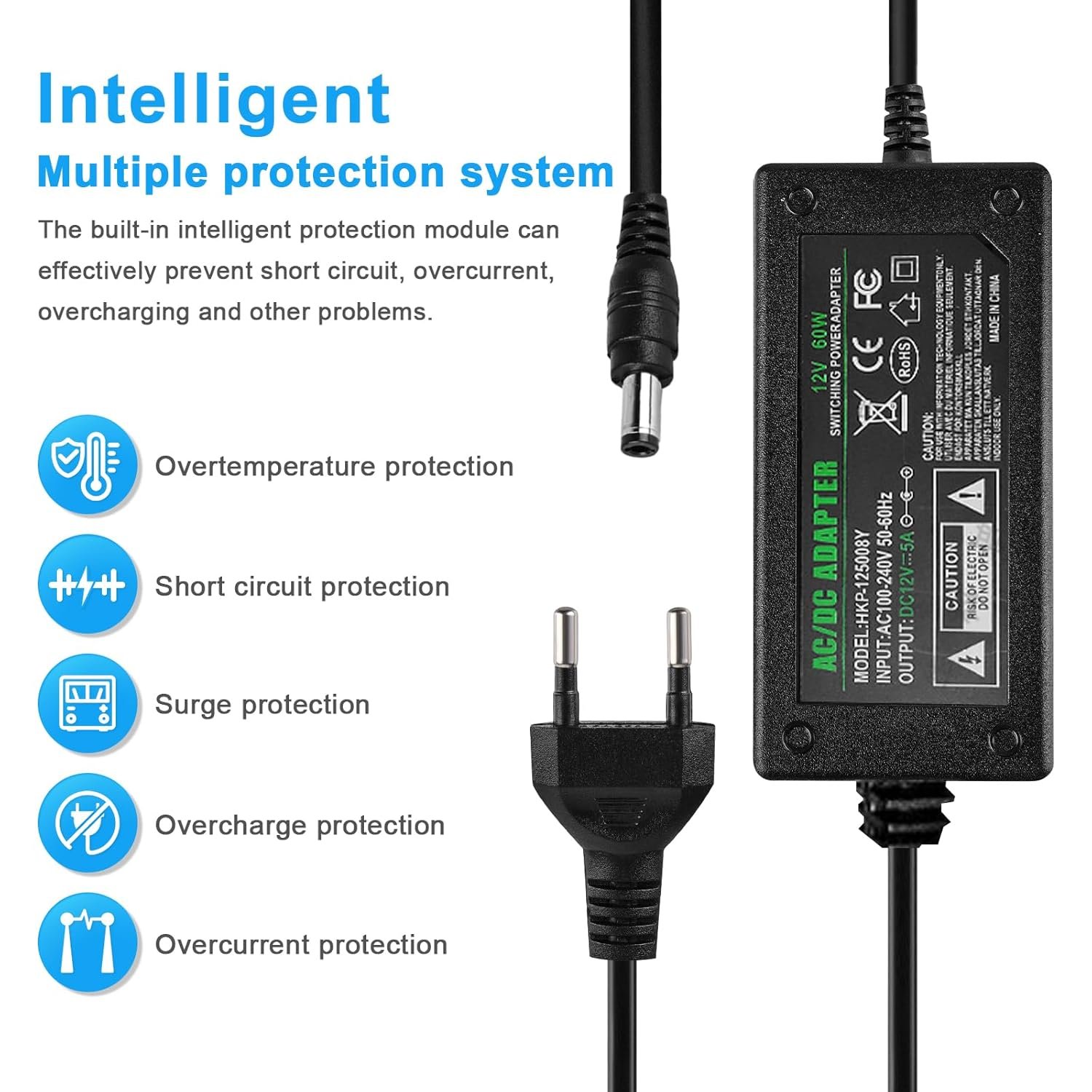 71LqRQHHrOL._SL1500_.jpg 12 V 5 A sieťový adaptér: transformátor pre LED s výkonom 60 W, sieťová zásuvka s výstupom 5,5 × 2,5 mm DC, napájanie AC 100 V ~ 240 V na DC 12 V, transformátor pre LED pásky atď.