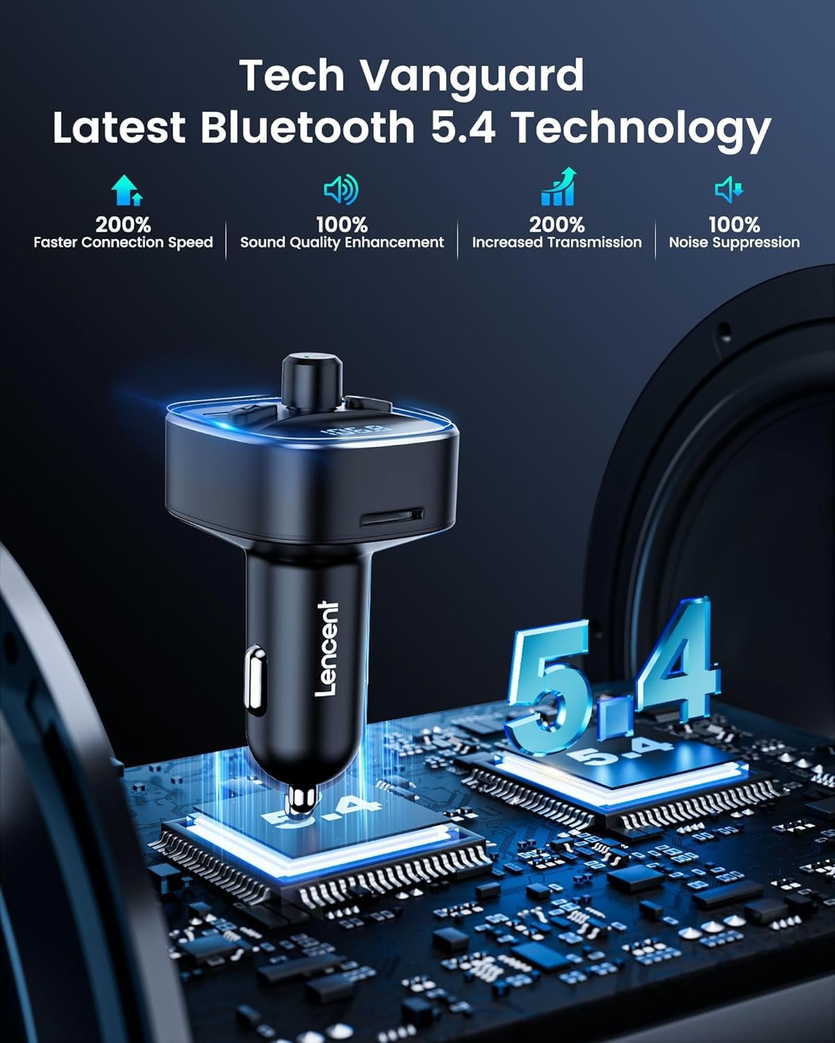 LENCENT Bluetooth 5.4 FM vysielač – adaptér do auta 48 W [PD 30 W a 18 W] [7 farieb osvetlenia] [rýchle nabíjanie] bezdrôtový rádiový adaptér pre prehrávanie hudby a hands-free zariadenia, podporuje USB zariadenia