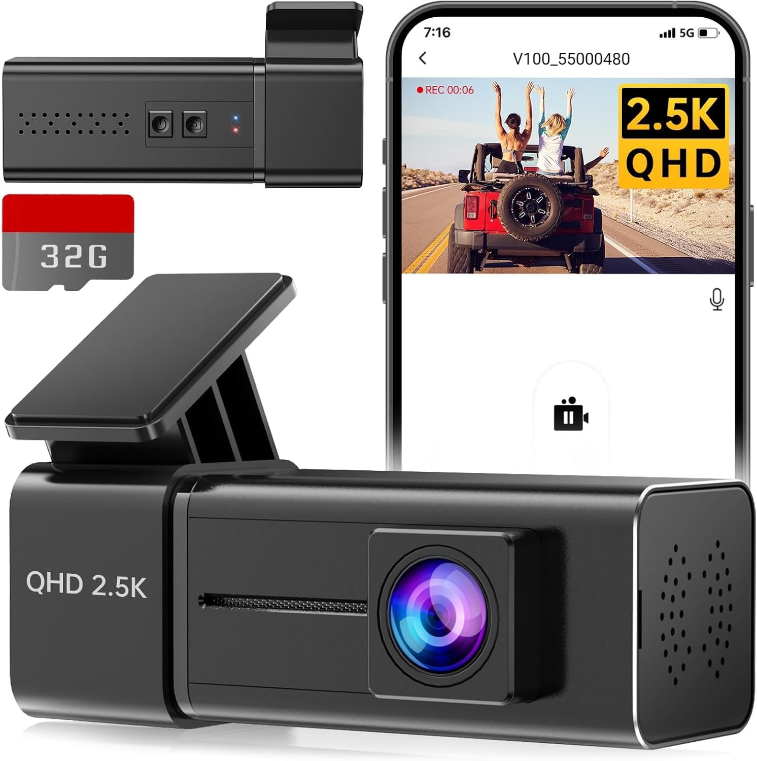 Veement Predná autokamera 2,5K s WiFi a rozlíšením 1440P, palubná kamera s 32 GB SD kartou, autokamera s monitorovaním parkovania, vynikajúce nočné videnie, G-senzor, nahrávanie v slučke, ovládanie cez