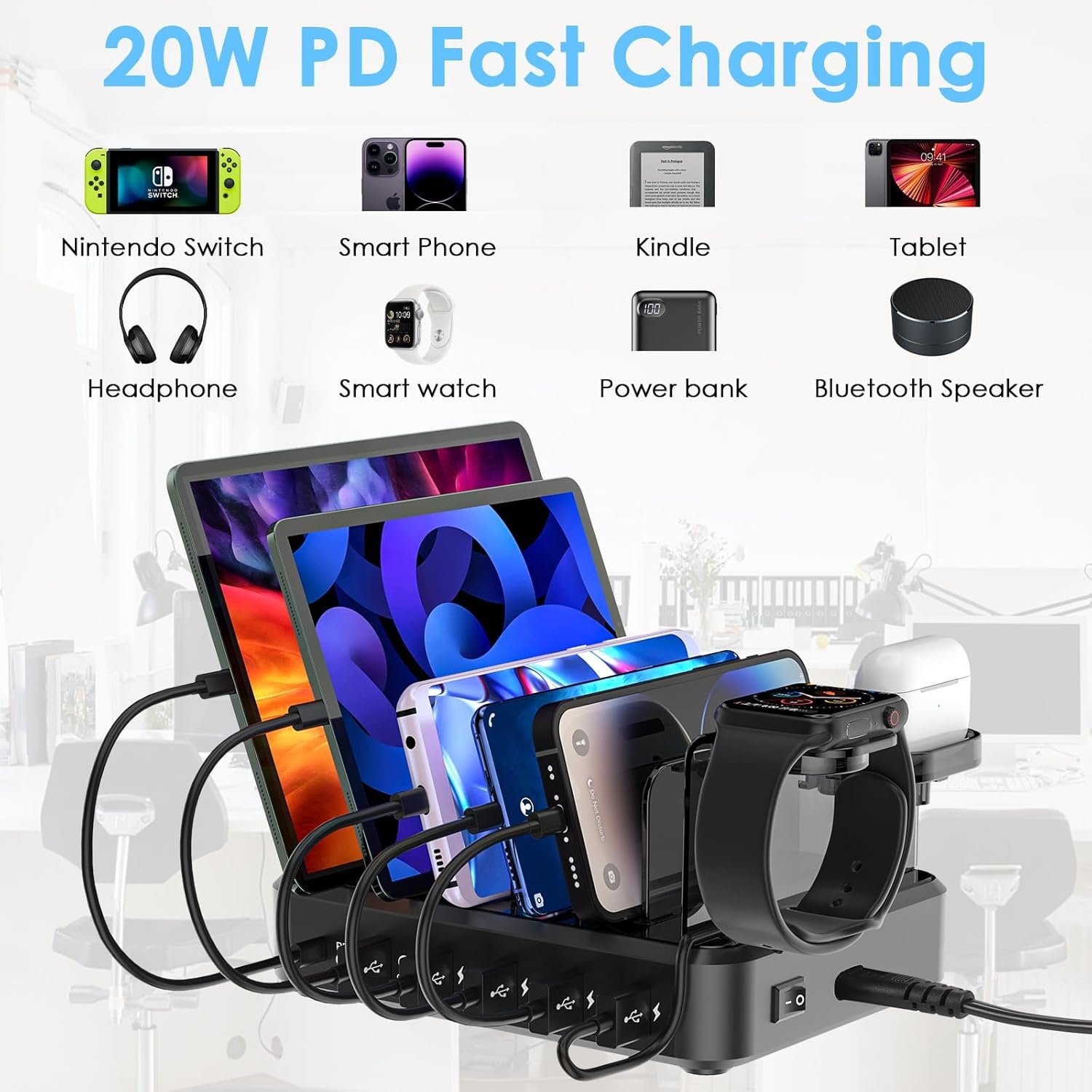 71OdpT5u0CL._AC_SL1500_.jpg ZWOOS USB nabíjacie stanica 68 W/12 A so 6 konektormi a rýchlym nabíjaním PD 20 W pre iPhone 14/13, držiak iWatch 2 v 1, vrátane 8 káblov pre telefóny, tablety a ďalšie zariadenia