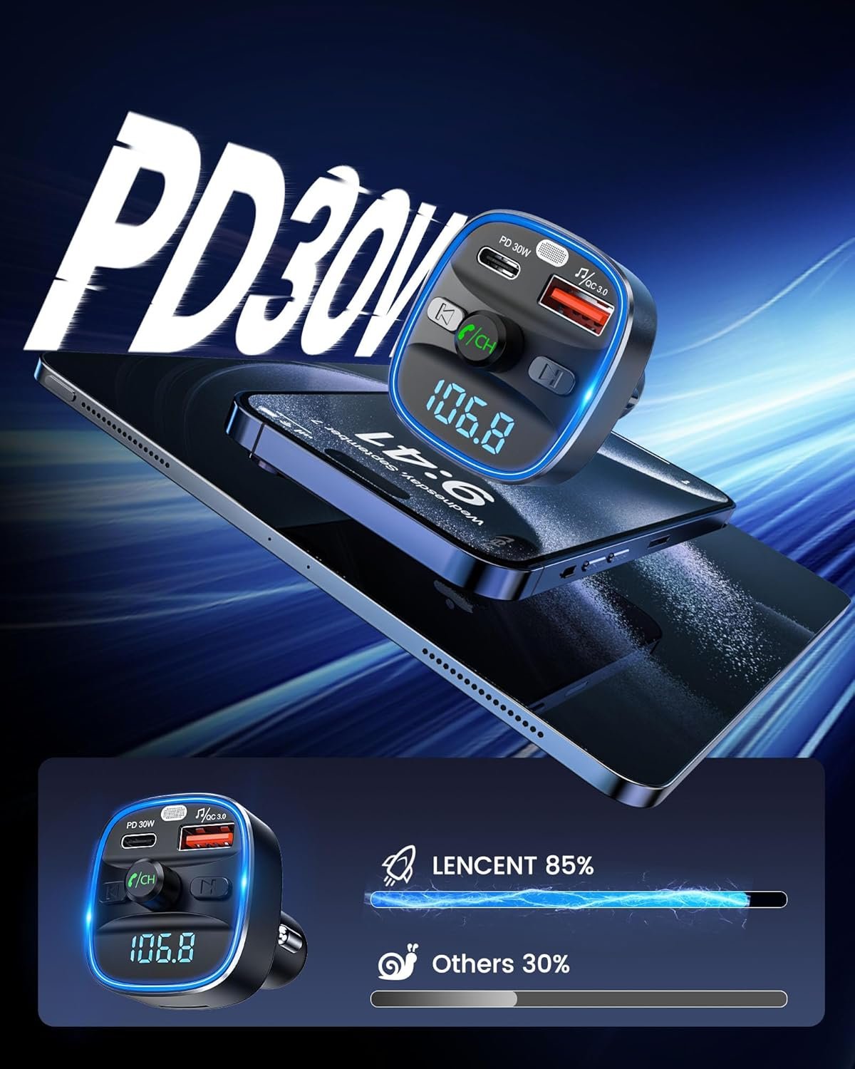 LENCENT Bluetooth 5.4 FM vysielač – adaptér do auta 48 W [PD 30 W a 18 W] [7 farieb osvetlenia] [rýchle nabíjanie] bezdrôtový rádiový adaptér pre prehrávanie hudby a hands-free zariadenia, podporuje USB zariadenia