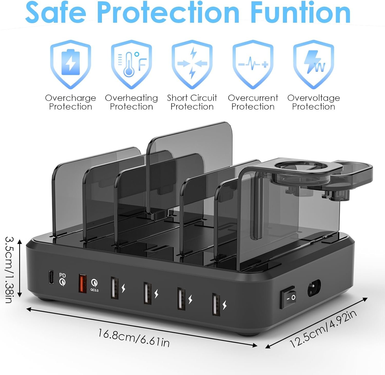 71VLQQE3aqL._AC_SL1500_.jpg ZWOOS USB nabíjacie stanica 68 W/12 A so 6 konektormi a rýchlym nabíjaním PD 20 W pre iPhone 14/13, držiak iWatch 2 v 1, vrátane 8 káblov pre telefóny, tablety a ďalšie zariadenia
