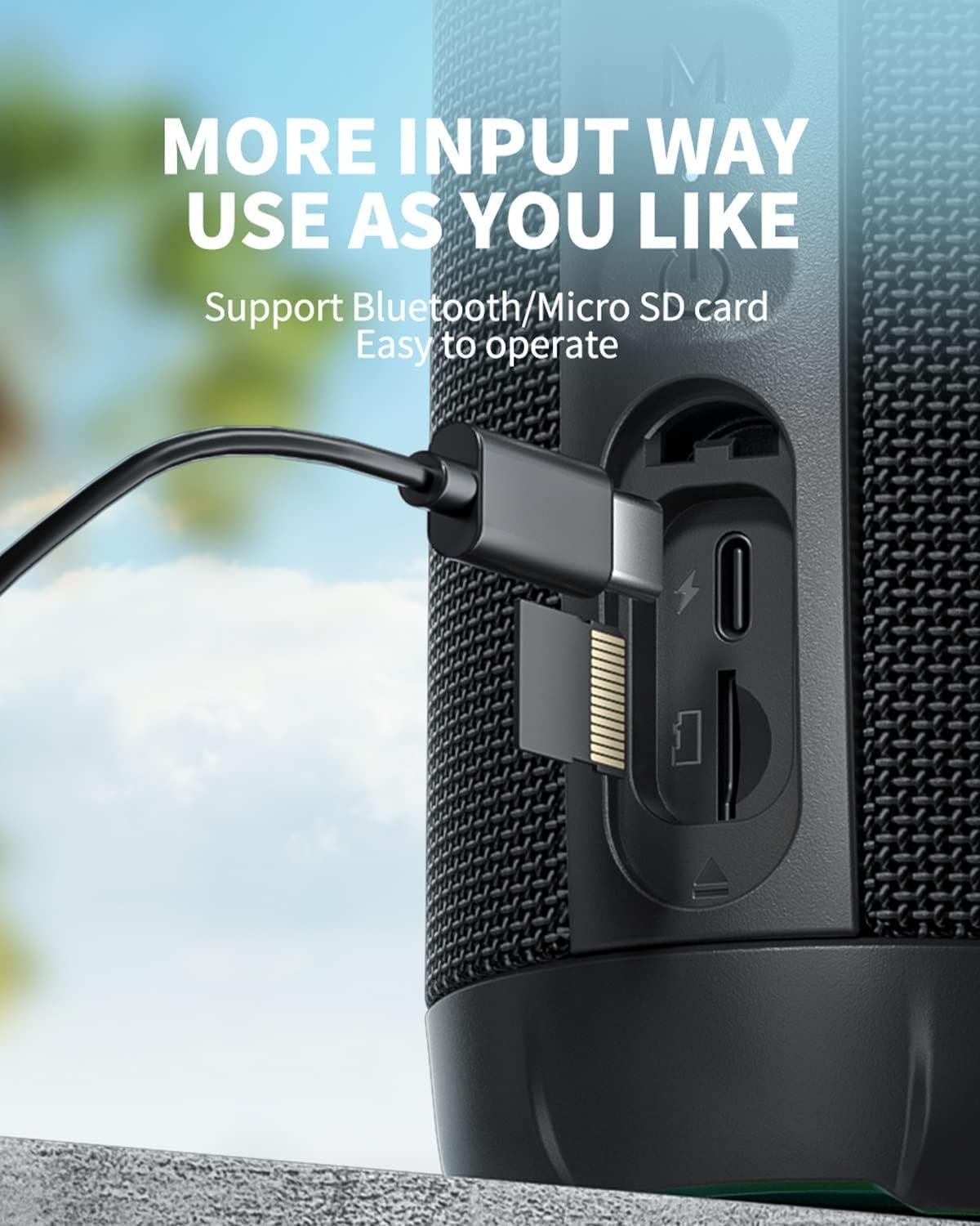 71ZNSUTX9XL._AC_SL1500_.jpg Bluetooth reproduktor MIFA WildRod s technológiou Bluetooth 5.3, odolný proti vode a prachu podľa normy IP67, výstupný výkon 30 W, výdrž batérie 12 hodín, nabíjací port USB-C a micro SD, hudobné hry, RGB osvetlenie