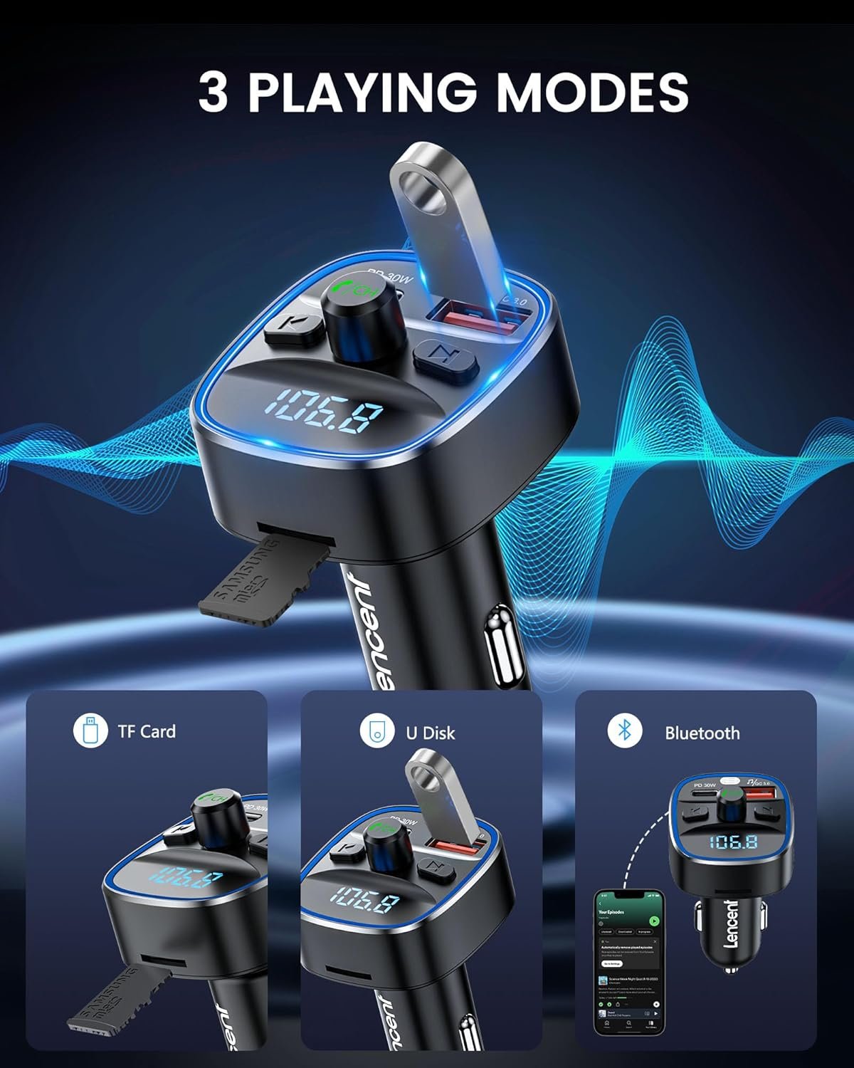 LENCENT Bluetooth 5.4 FM vysielač – adaptér do auta 48 W [PD 30 W a 18 W] [7 farieb osvetlenia] [rýchle nabíjanie] bezdrôtový rádiový adaptér pre prehrávanie hudby a hands-free zariadenia, podporuje USB zariadenia