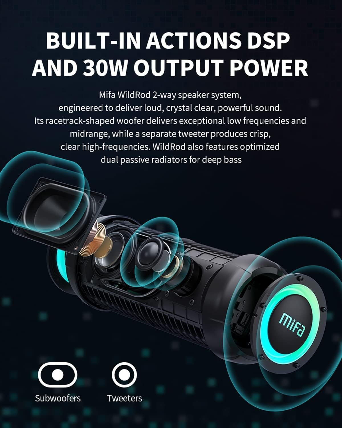 71iL8Kd8pvL._AC_SL1500_.jpg Bluetooth reproduktor MIFA WildRod s technológiou Bluetooth 5.3, odolný proti vode a prachu podľa normy IP67, výstupný výkon 30 W, výdrž batérie 12 hodín, nabíjací port USB-C a micro SD, hudobné hry, RGB osvetlenie