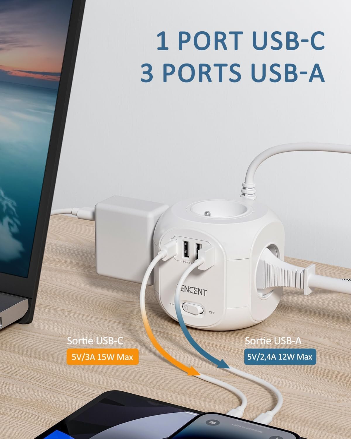 71izgm2SIL._AC_SL1500_.jpg LENCENT Predlžovací kábel s 3 m dĺžkou, 4 zásuvkami na striedavý prúd, 3 portmi USB a 1 portom typu C, prepäťovou ochranou a vypínačom pre domácnosť, kuchyňu a kanceláriu