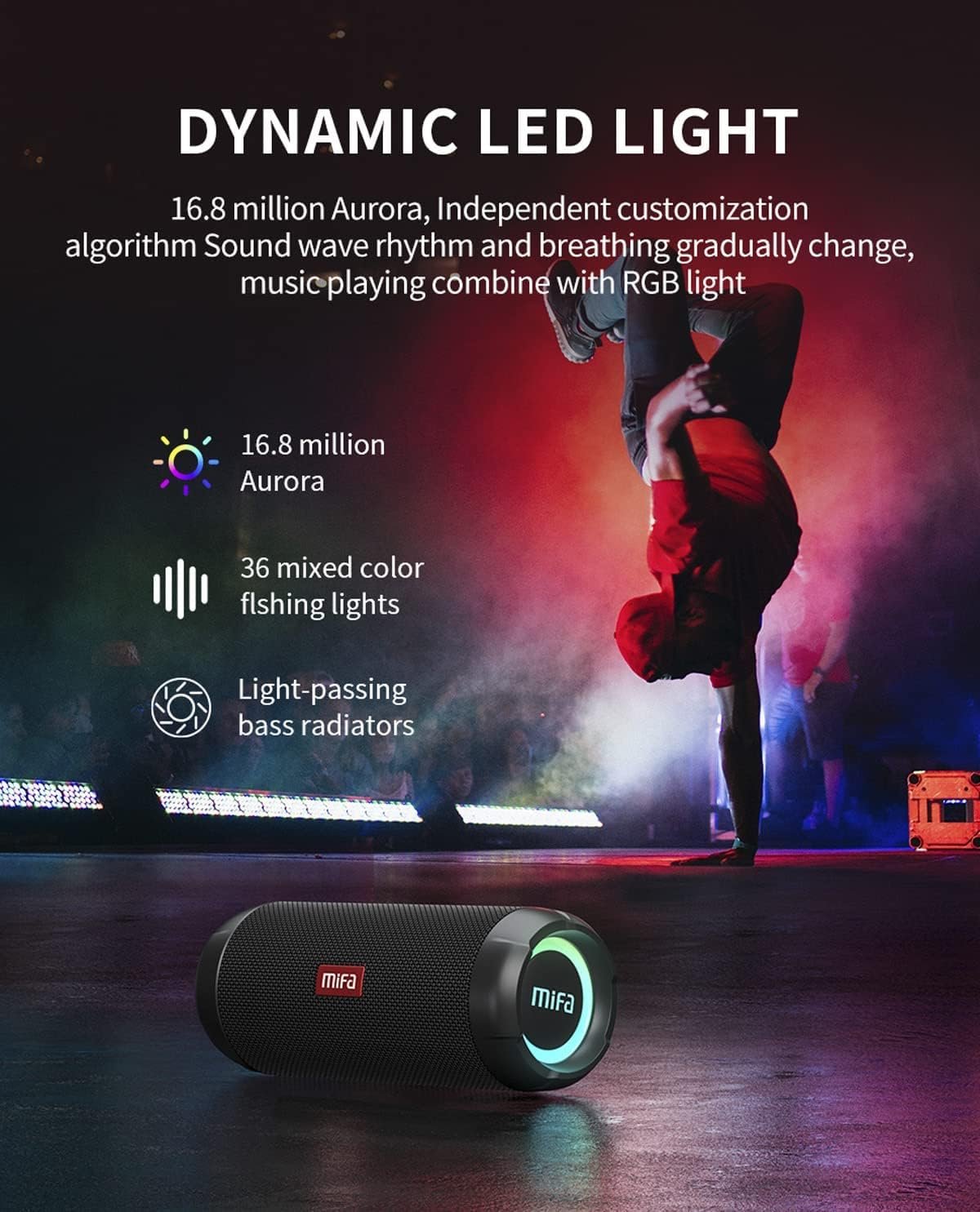 71j77wHSukL._AC_SL1485_.jpg Bluetooth reproduktor MIFA WildRod s technológiou Bluetooth 5.3, odolný proti vode a prachu podľa normy IP67, výstupný výkon 30 W, výdrž batérie 12 hodín, nabíjací port USB-C a micro SD, hudobné hry, RGB osvetlenie