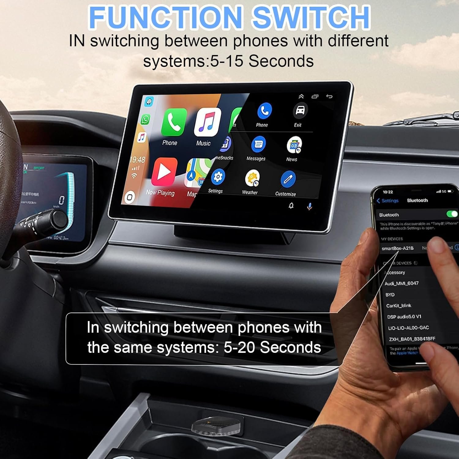 71mGE36GffL._AC_SL1500_.jpg Bezdrôtové Android Auto a CarPlay, bezdrôtový adaptér 2 v 1, ktorý prevádza káblové pripojenie Android Auto/CarPlay na bezdrôtové, vhodný pre vozidlá s Android Auto a CarPlay, kábel USB-C/A