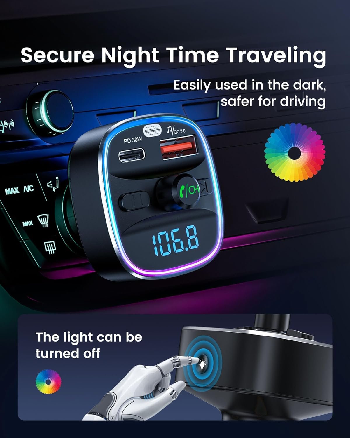 LENCENT Bluetooth 5.4 FM vysielač – adaptér do auta 48 W [PD 30 W a 18 W] [7 farieb osvetlenia] [rýchle nabíjanie] bezdrôtový rádiový adaptér pre prehrávanie hudby a hands-free zariadenia, podporuje USB zariadenia