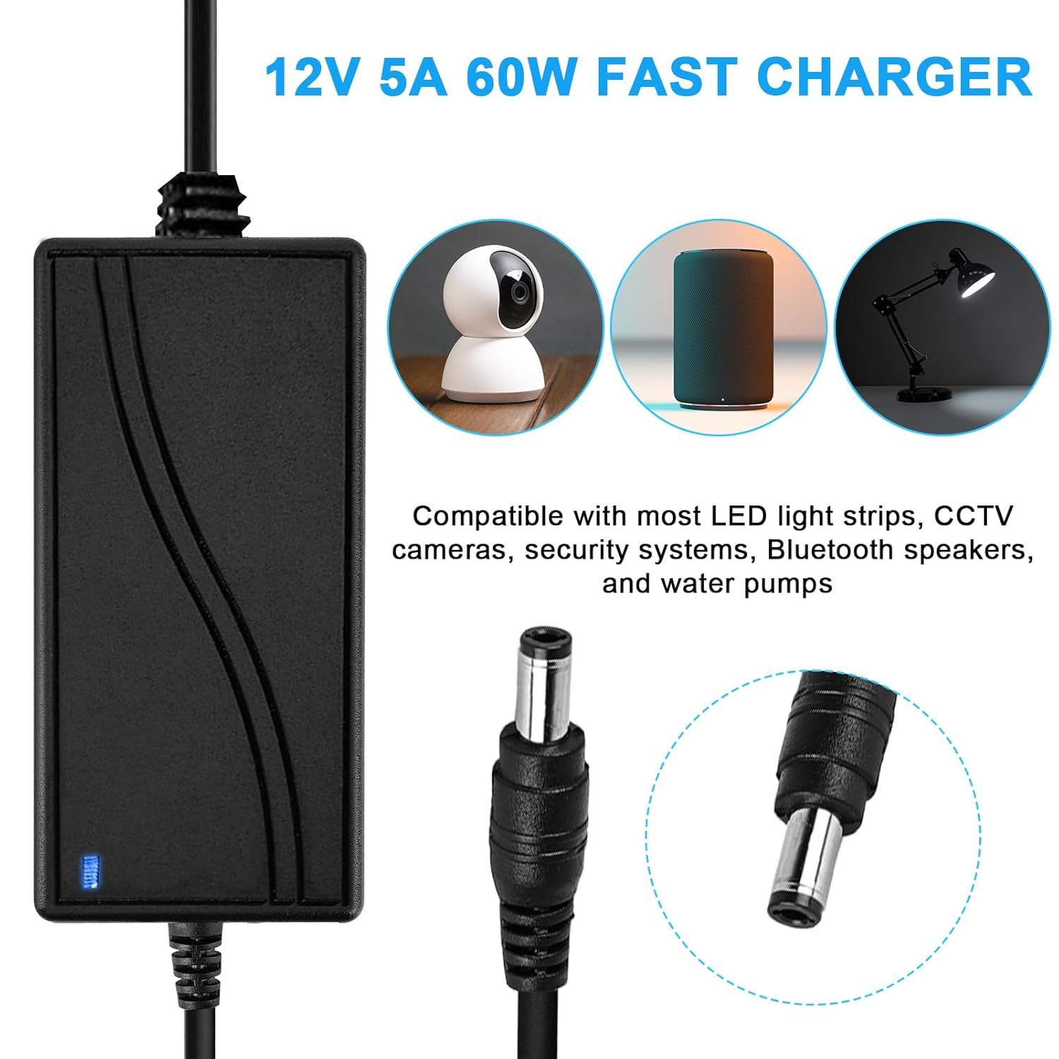 71uA42yz4fL._SL1500_.jpg 12 V 5 A sieťový adaptér: transformátor pre LED s výkonom 60 W, sieťová zásuvka s výstupom 5,5 × 2,5 mm DC, napájanie AC 100 V ~ 240 V na DC 12 V, transformátor pre LED pásky atď.
