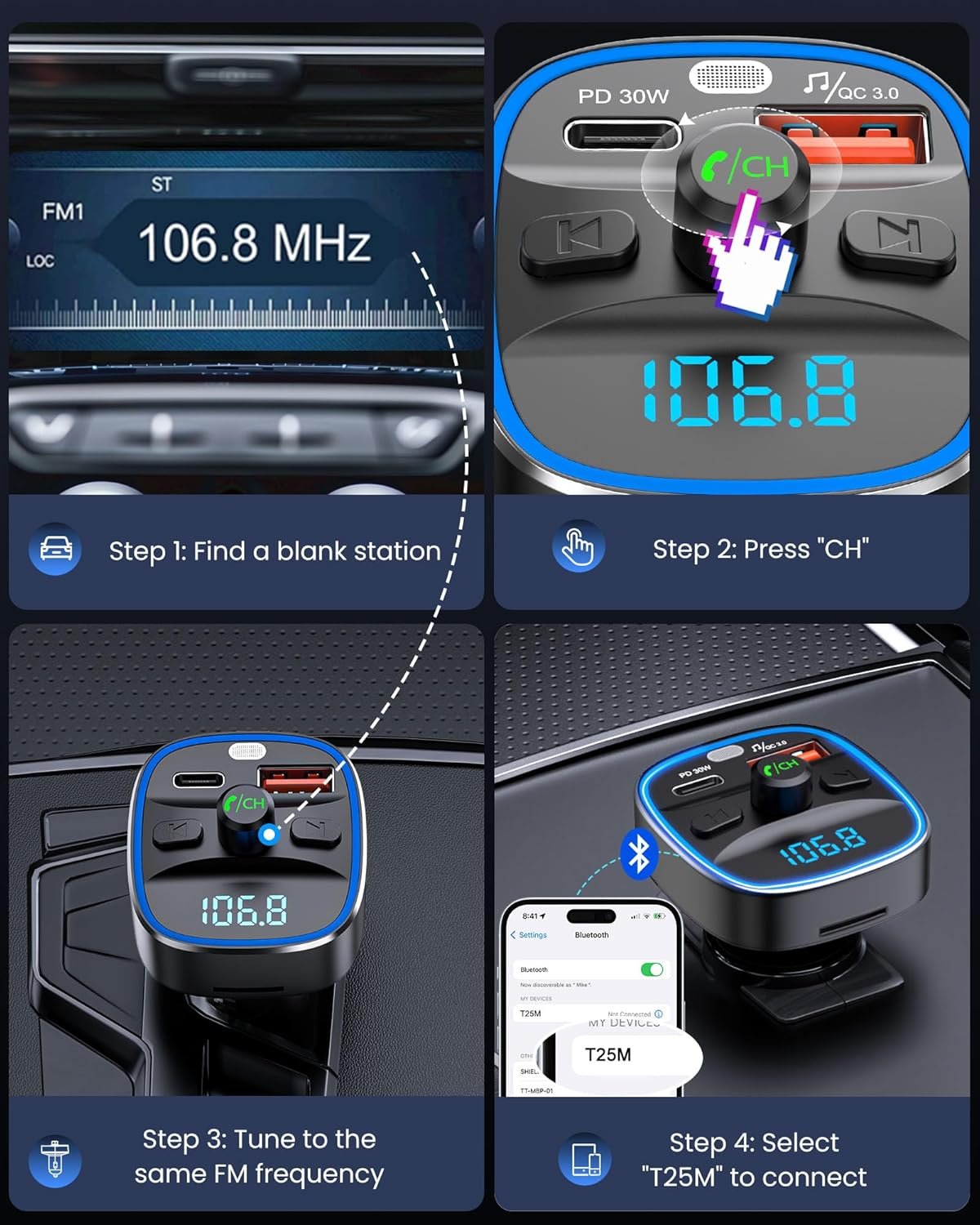 LENCENT Bluetooth 5.4 FM vysielač – adaptér do auta 48 W [PD 30 W a 18 W] [7 farieb osvetlenia] [rýchle nabíjanie] bezdrôtový rádiový adaptér pre prehrávanie hudby a hands-free zariadenia, podporuje USB zariadenia