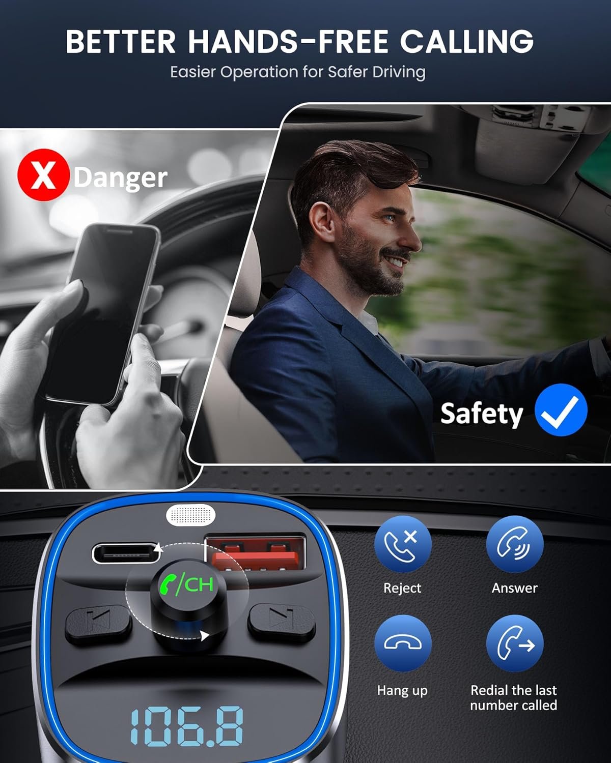 LENCENT Bluetooth 5.4 FM vysielač – adaptér do auta 48 W [PD 30 W a 18 W] [7 farieb osvetlenia] [rýchle nabíjanie] bezdrôtový rádiový adaptér pre prehrávanie hudby a hands-free zariadenia, podporuje USB zariadenia