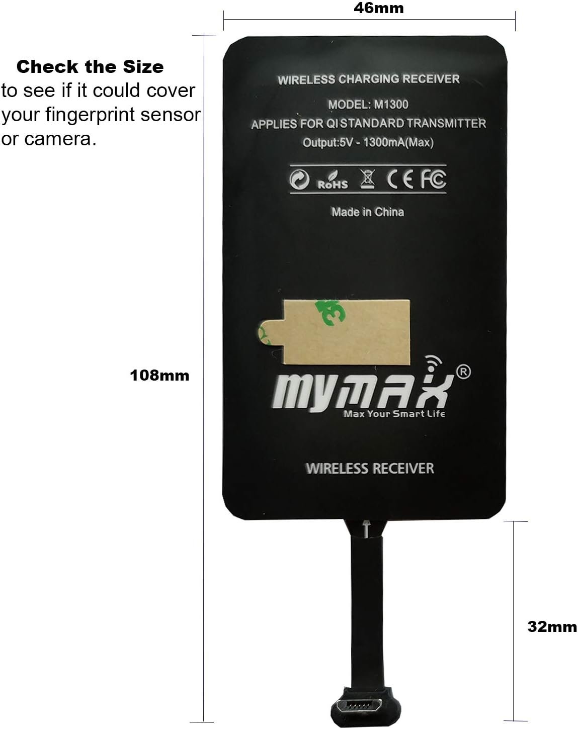 MyMAX – Typ A 1300 mA superrýchly bezdrôtový nabíjací prijímač a adaptér s technológiou Qi, kompatibilný so zariadeniami Samsung Galaxy, Huawei, LG, Nokia, Moto, HTC, Google Nexus a ďalšími zariadeniami s konektorom Micro-USB-A