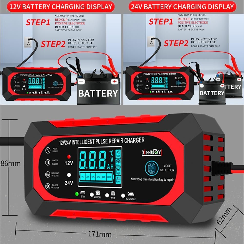 10 A nabíjačka autobatérií, 12 V/24 V Smart – plne automatická nabíjačka do auta s LCD displejom, vhodná pre osobné a nákladné automobily, motocykle, kosačky na trávu, člny a lodné batérie