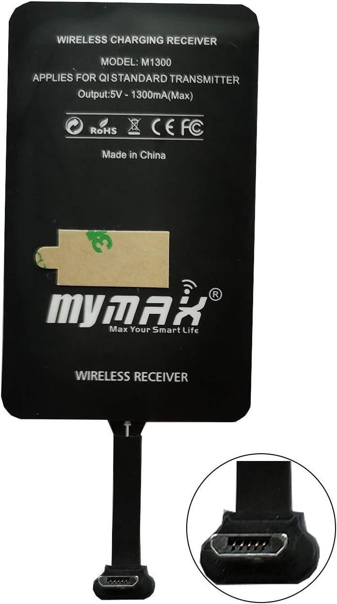 MyMAX – Typ A 1300 mA superrýchly bezdrôtový nabíjací prijímač a adaptér s technológiou Qi, kompatibilný so zariadeniami Samsung Galaxy, Huawei, LG, Nokia, Moto, HTC, Google Nexus a ďalšími zariadeniami s konektorom Micro-USB-A