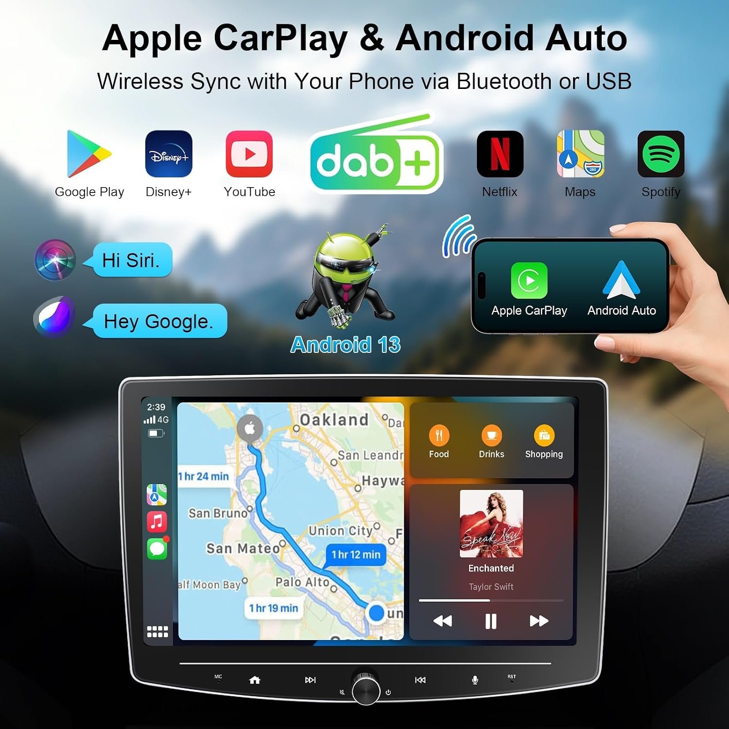 717fAxSFJL._AC_SL1500_.jpg Autorádio s Androidom 13, bezdrôtovým Apple CarPlay, 10,1-palcovým displejom, podporou Android Auto a DAB+, 2 GB + 32 GB, 1 DIN, dotykové ovládanie, autorádio s Bluetooth, CarPlay, displejom, navigáciou, 4G WiFi, RDS, GPS, AM/FM