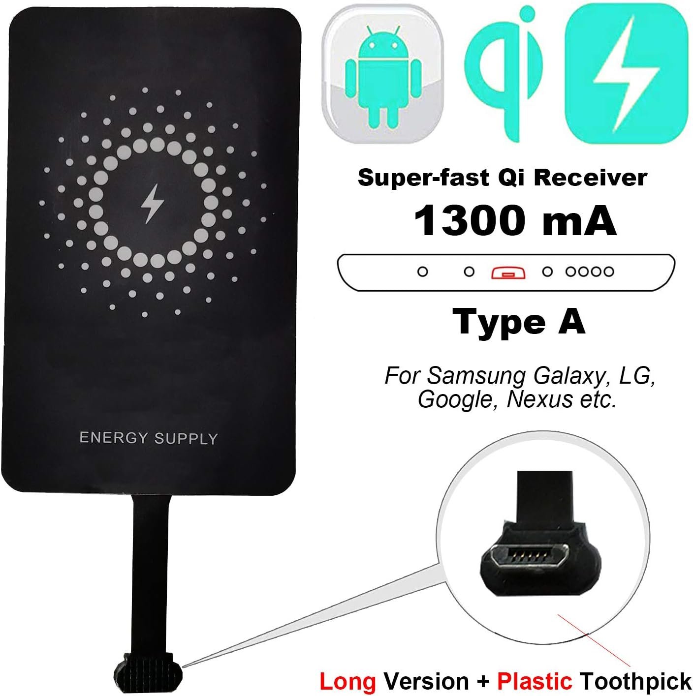 MyMAX – Typ A 1300 mA superrýchly bezdrôtový nabíjací prijímač a adaptér s technológiou Qi, kompatibilný so zariadeniami Samsung Galaxy, Huawei, LG, Nokia, Moto, HTC, Google Nexus a ďalšími zariadeniami s konektorom Micro-USB-A