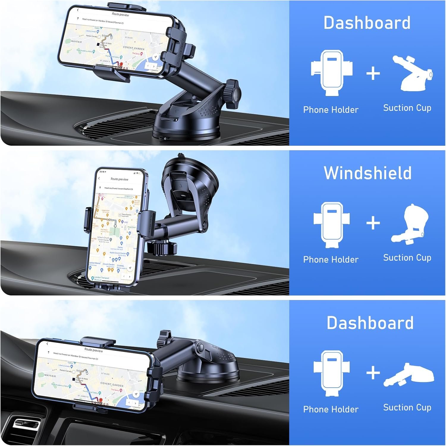71ExEd8bBtL._AC_SL1500_.jpg Blukar Držiak na mobilný telefón Auto Upgrade Držiak na mobil do auta, na palubnú dosku a čelné sklo s uvoľnením jedným tlačidlom, otočný o 360° pre iPhone, Galaxy, Mate atď.